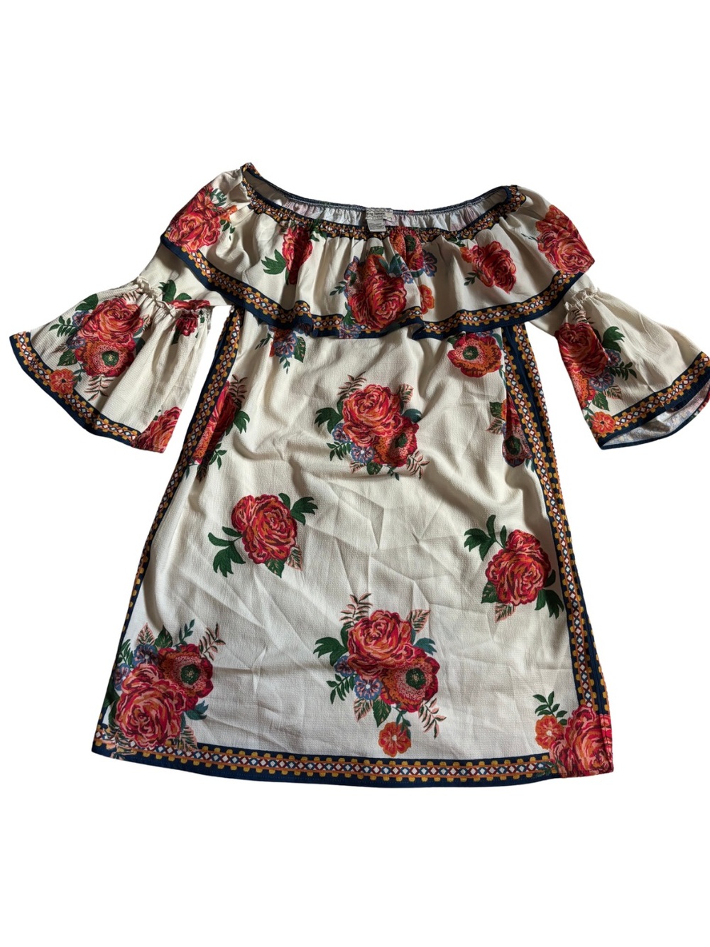 Flying Tomato Cream Floral Off-Shoulder Dress with Red Rose Print